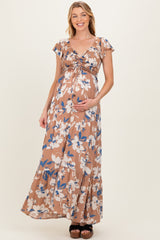 Mocha Floral Cinched Smocked Maternity Maxi Dress