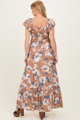 Mocha Floral Cinched Smocked Maternity Maxi Dress
