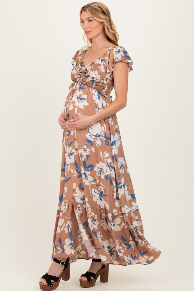 Mocha Floral Cinched Smocked Maternity Maxi Dress