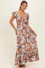 Mocha Floral Cinched Smocked Maxi Dress