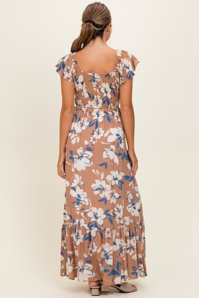 Mocha Floral Cinched Smocked Maxi Dress