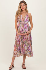 Tan Floral Open Back Maternity Midi Dress