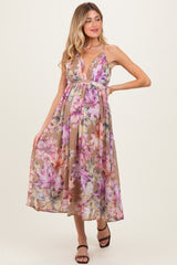 Tan Floral Open Back Maternity Midi Dress