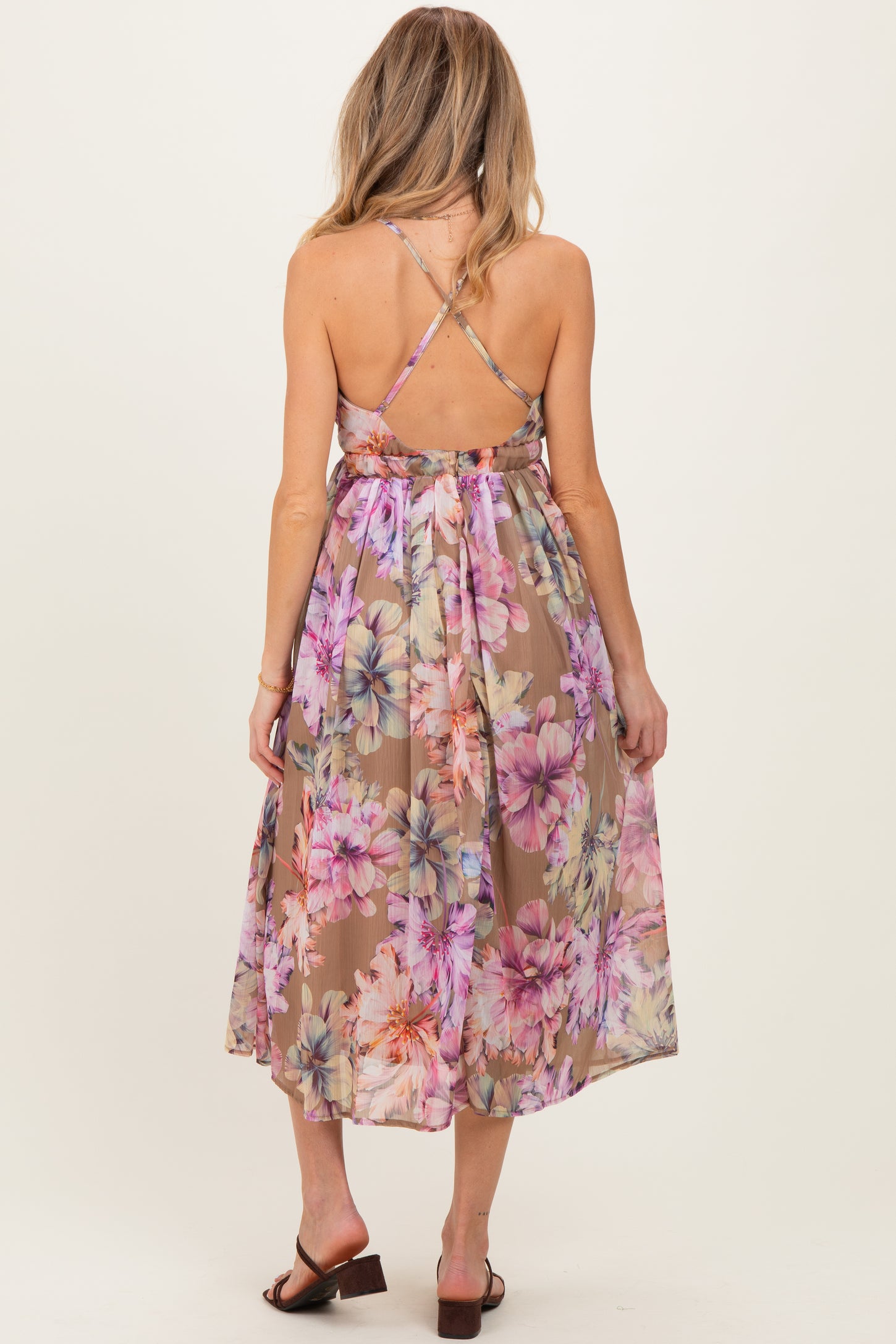 Tan Floral Open Back Maternity Midi Dress