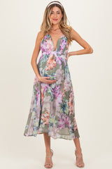 Sage Floral Open Back Maternity Midi Dress