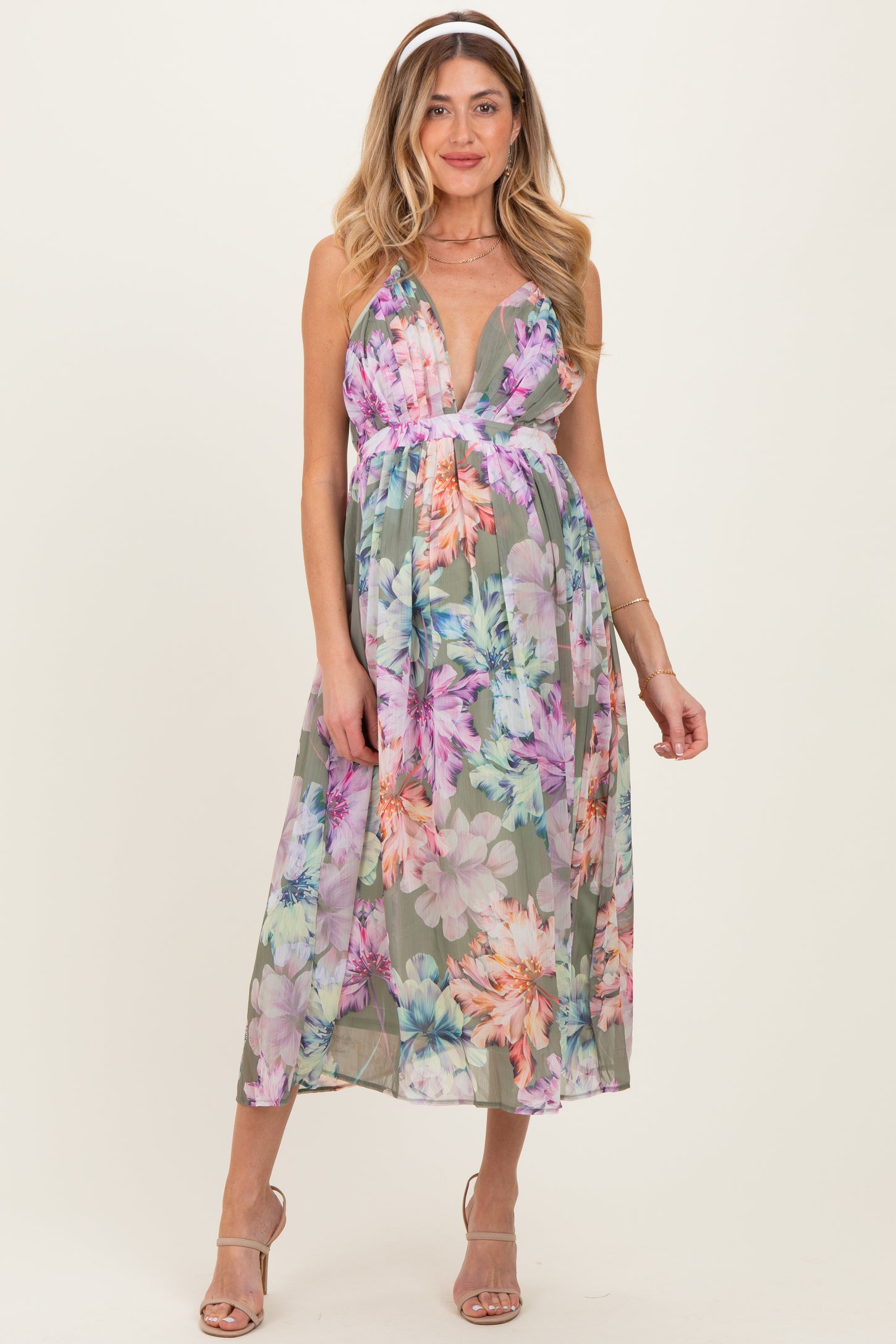 Sage Floral Open Back Maternity Midi Dress