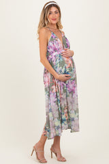 Sage Floral Open Back Maternity Midi Dress