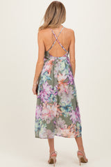 Sage Floral Open Back Maternity Midi Dress