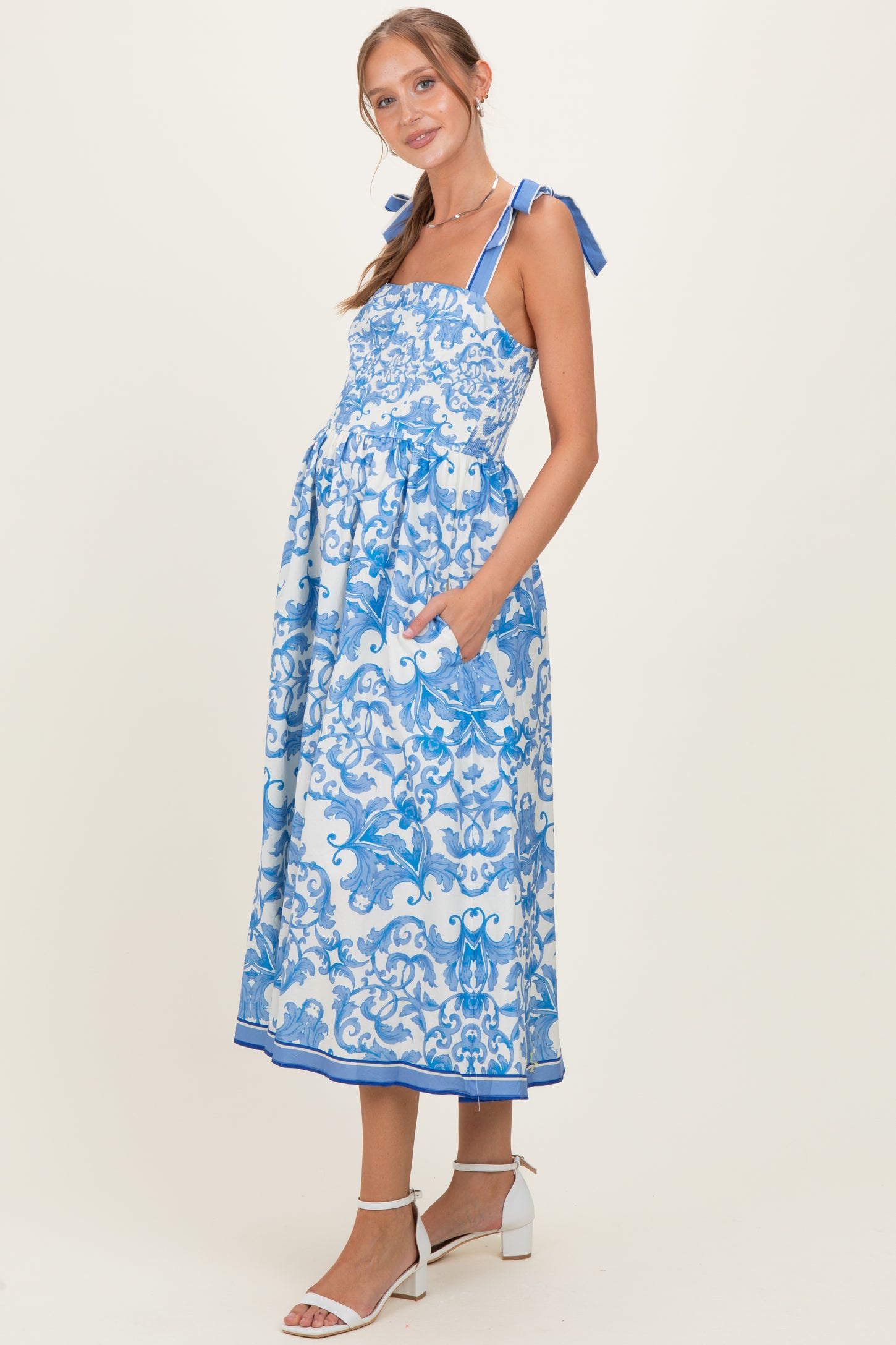 Blue Damask Shoulder Tie Maternity Midi Dress
