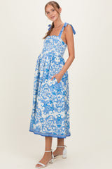 Blue Damask Shoulder Tie Maternity Midi Dress