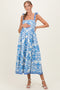 Blue Damask Shoulder Tie Maternity Midi Dress