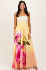 Light Yellow Floral Strapless Maxi Dress