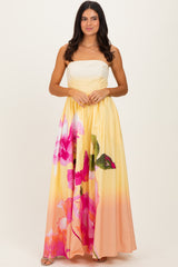 Light Yellow Floral Strapless Maxi Dress