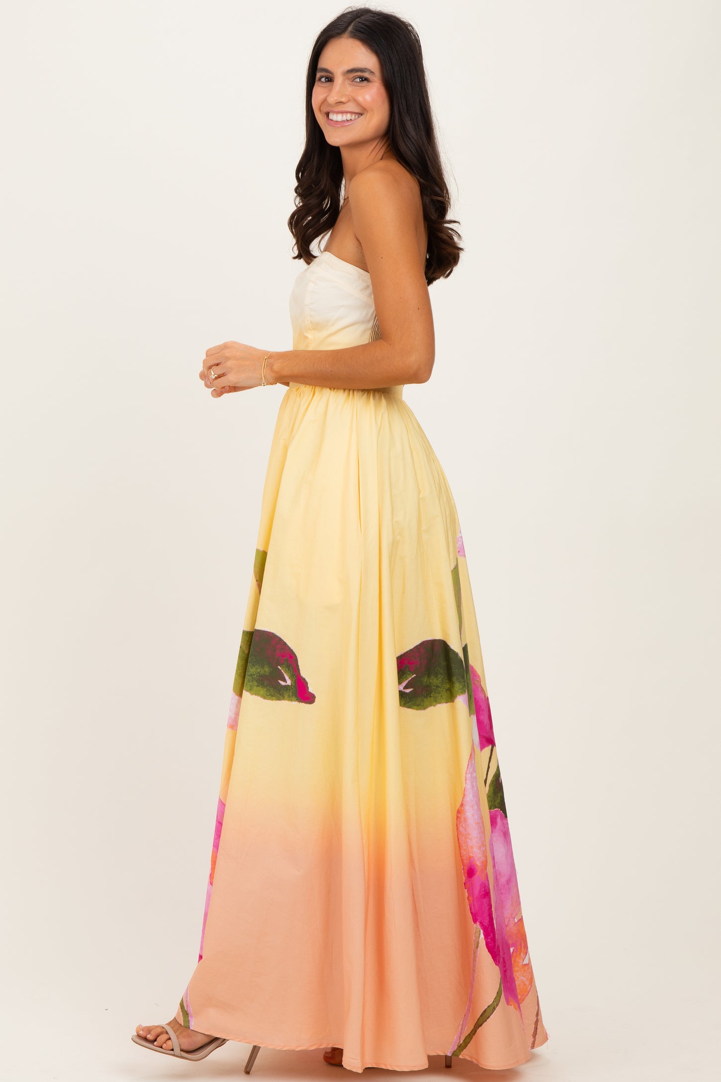 Light Yellow Floral Strapless Maxi Dress