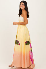Light Yellow Floral Strapless Maxi Dress