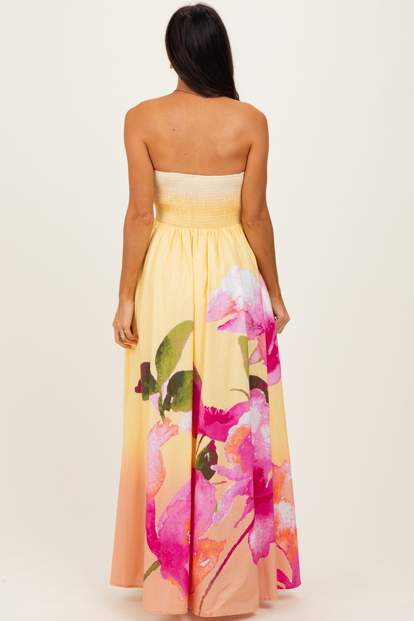 Light Yellow Floral Strapless Maxi Dress