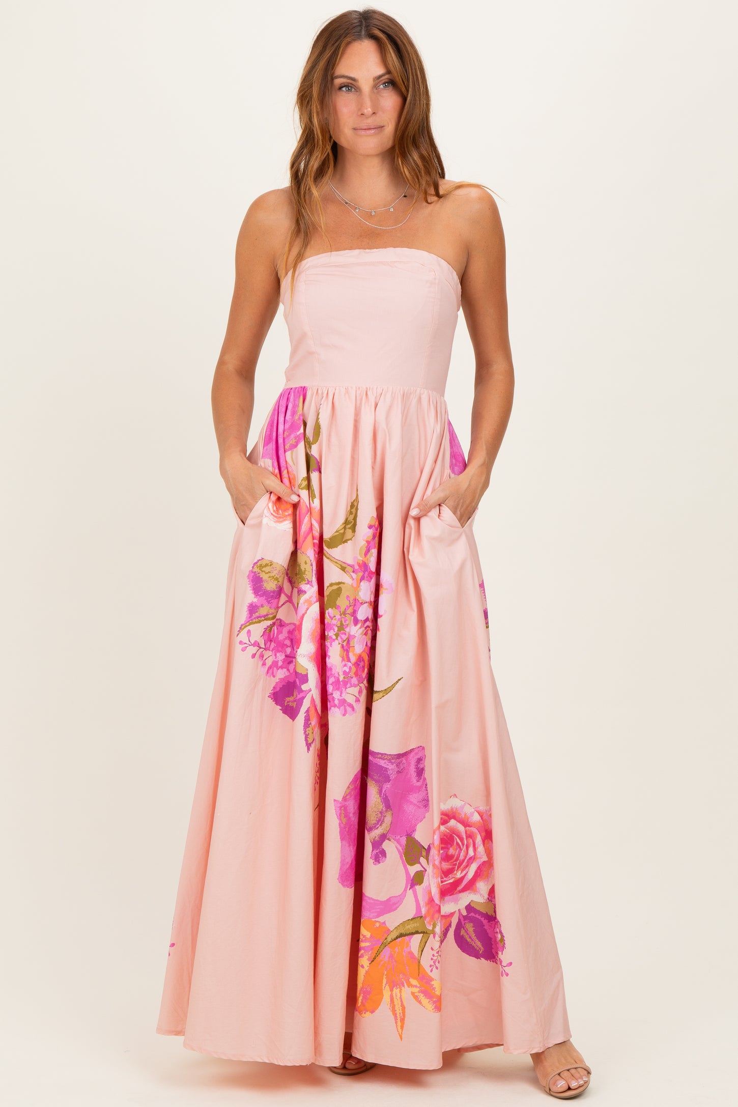 Light Pink Floral Strapless Maxi Dress