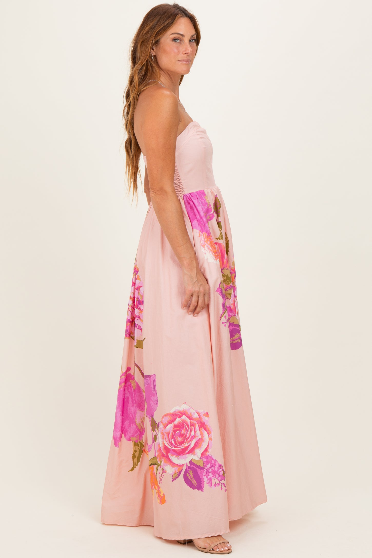 Light Pink Floral Strapless Maxi Dress