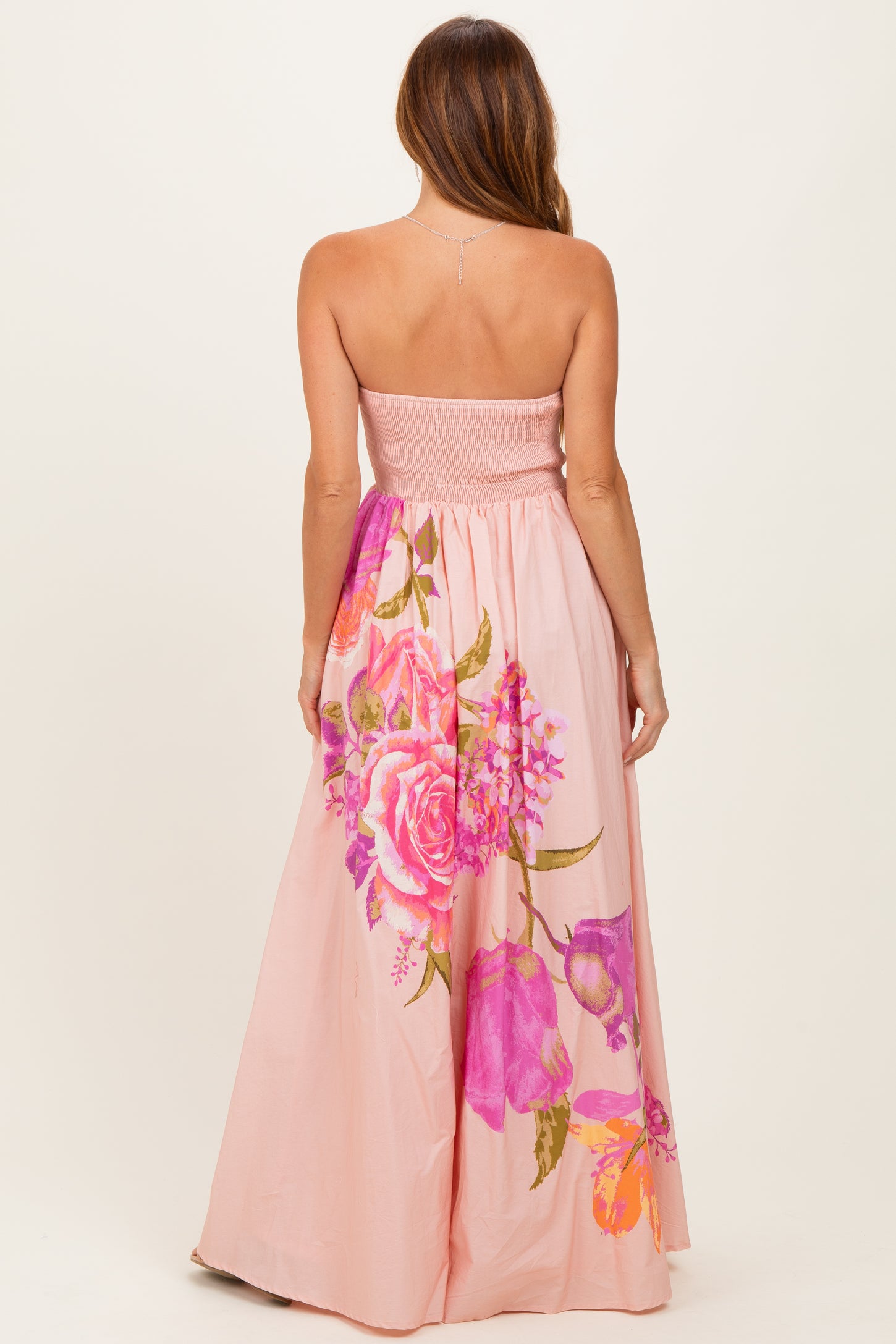 Light Pink Floral Strapless Maxi Dress