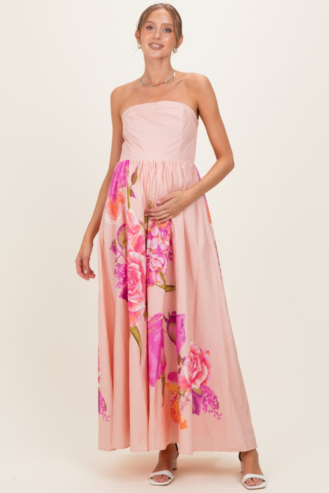 Light Pink Floral Strapless Maternity Maxi Dress