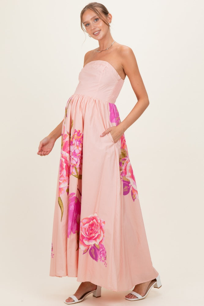Light Pink Floral Strapless Maternity Maxi Dress