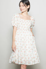 Off White Floral Sweetheart Neck Smocked Maternity Midi Dress