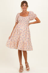Peach Floral Sweetheart Neck Smocked Maternity Midi Dress
