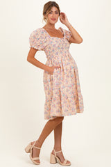Peach Floral Sweetheart Neck Smocked Maternity Midi Dress