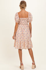 Peach Floral Sweetheart Neck Smocked Maternity Midi Dress