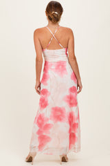 Pink Floral Crisscross Back Maxi Dress