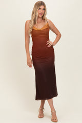 Ombre Brown Mesh Draped Neck Maxi Dress