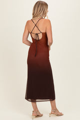 Ombre Brown Mesh Draped Neck Maxi Dress