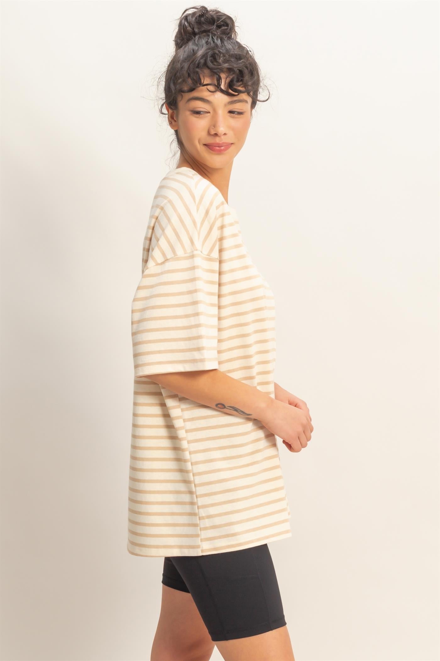 Taupe Striped Short Sleeve Crew Neck Oversized Cotton Top