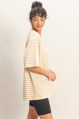Taupe Striped Short Sleeve Crew Neck Oversized Cotton Top