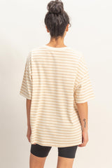 Taupe Striped Short Sleeve Crew Neck Oversized Cotton Top