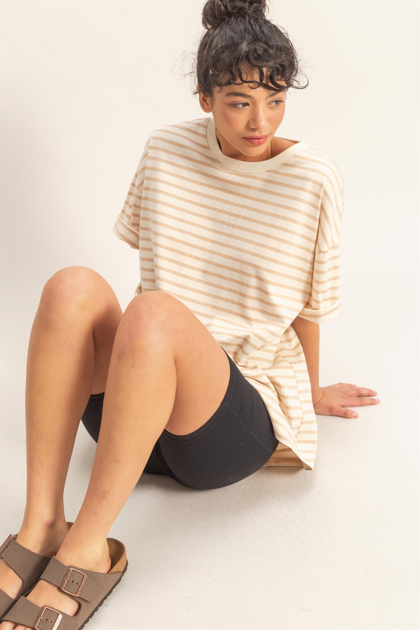 Taupe Striped Short Sleeve Crew Neck Oversized Cotton Top
