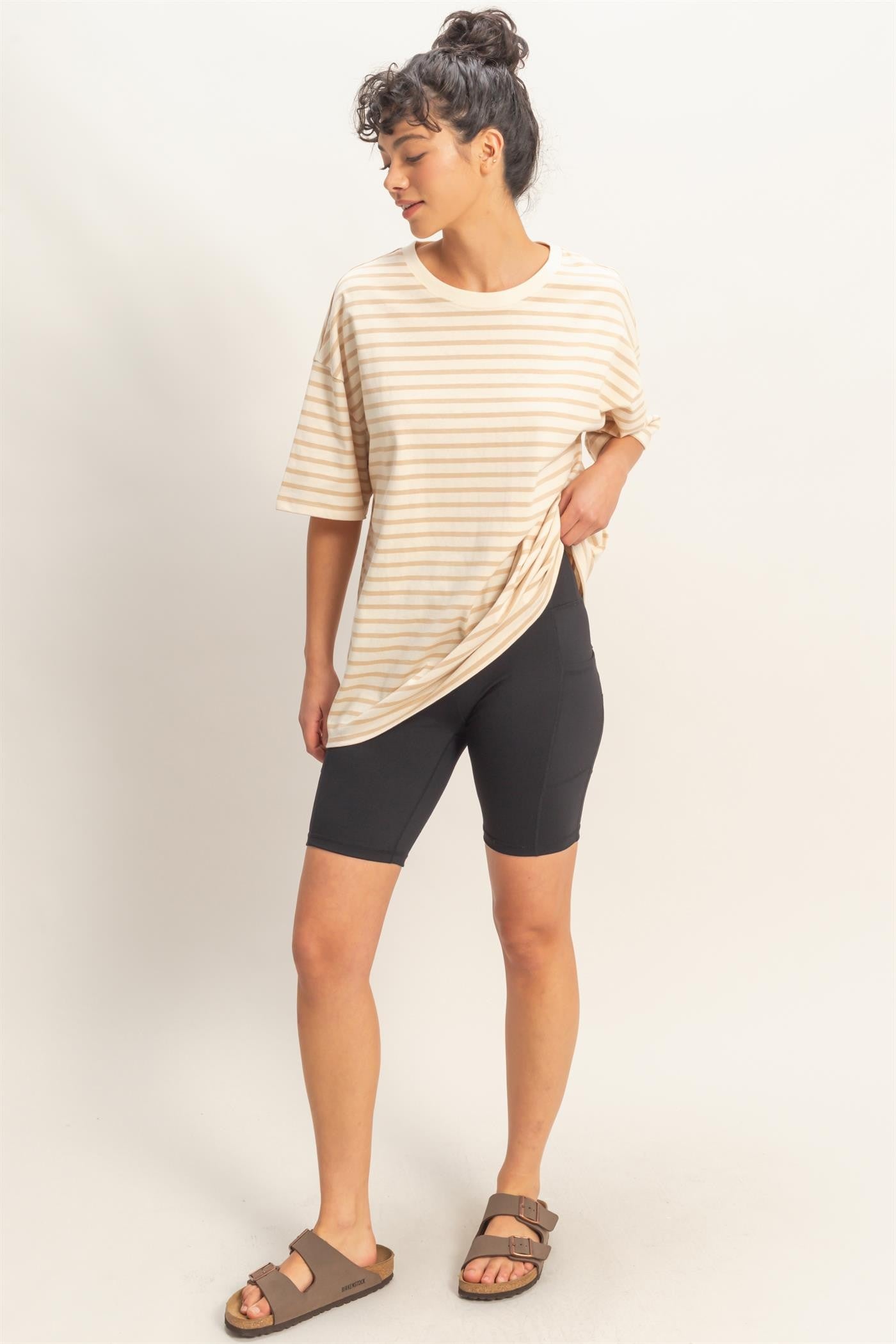 Taupe Striped Short Sleeve Crew Neck Oversized Cotton Top