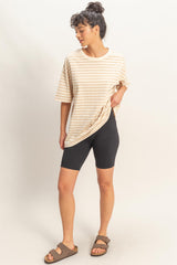 Taupe Striped Short Sleeve Crew Neck Oversized Cotton Top