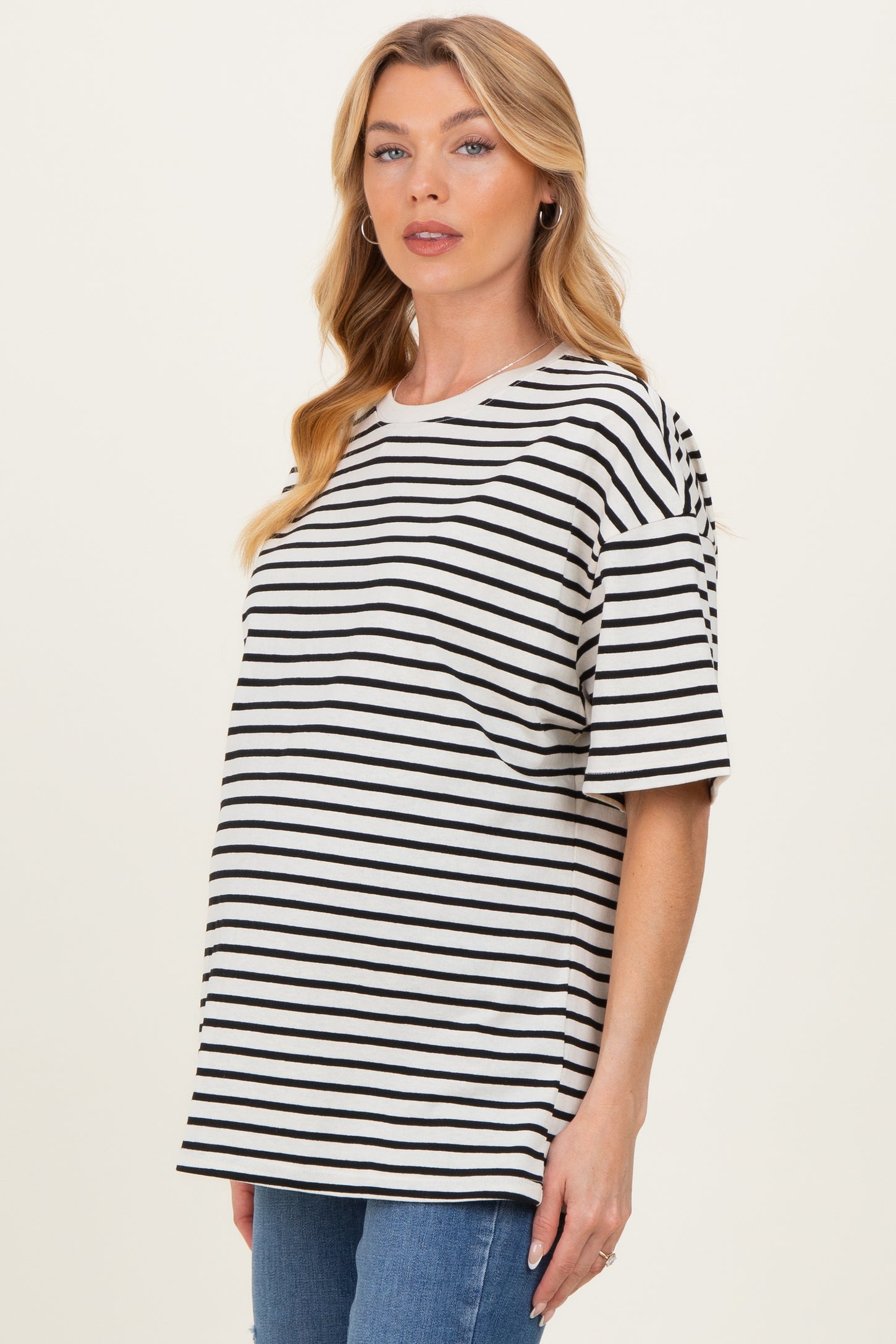 Black Striped Short Sleeve Crew Neck Oversized Cotton Maternity Top