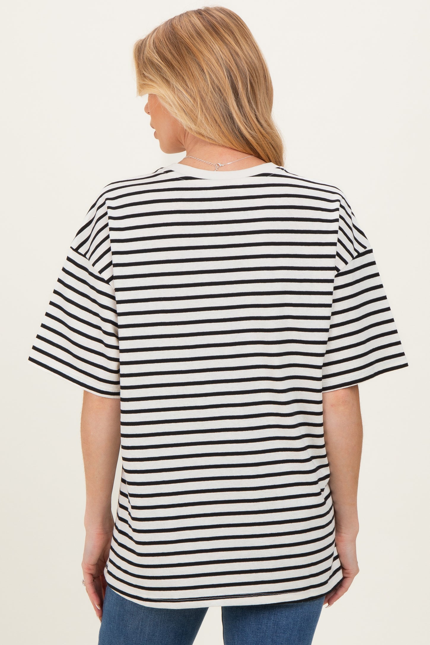Black Striped Short Sleeve Crew Neck Oversized Cotton Maternity Top