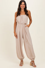 Beige Crinkled Tube Balloon Maternity Jumpsuit