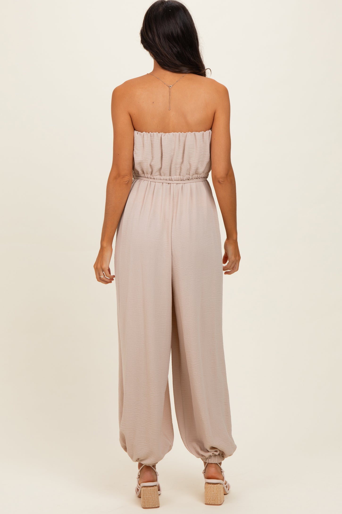 Beige Crinkled Tube Balloon Jumpsuit
