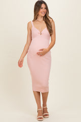 Light Pink Bodycon Maternity Midi Dress