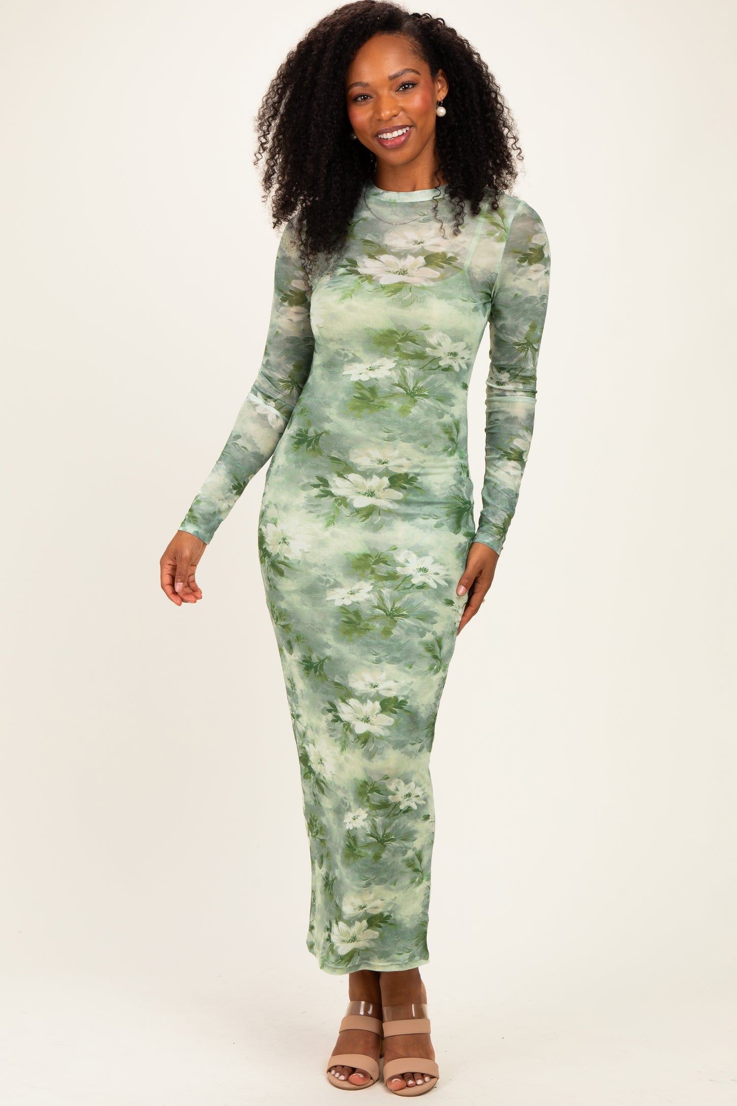 Light Olive Floral Mesh Overlay Maxi Dress