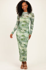 Light Olive Floral Mesh Overlay Maxi Dress