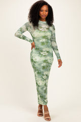 Light Olive Floral Mesh Overlay Maxi Dress