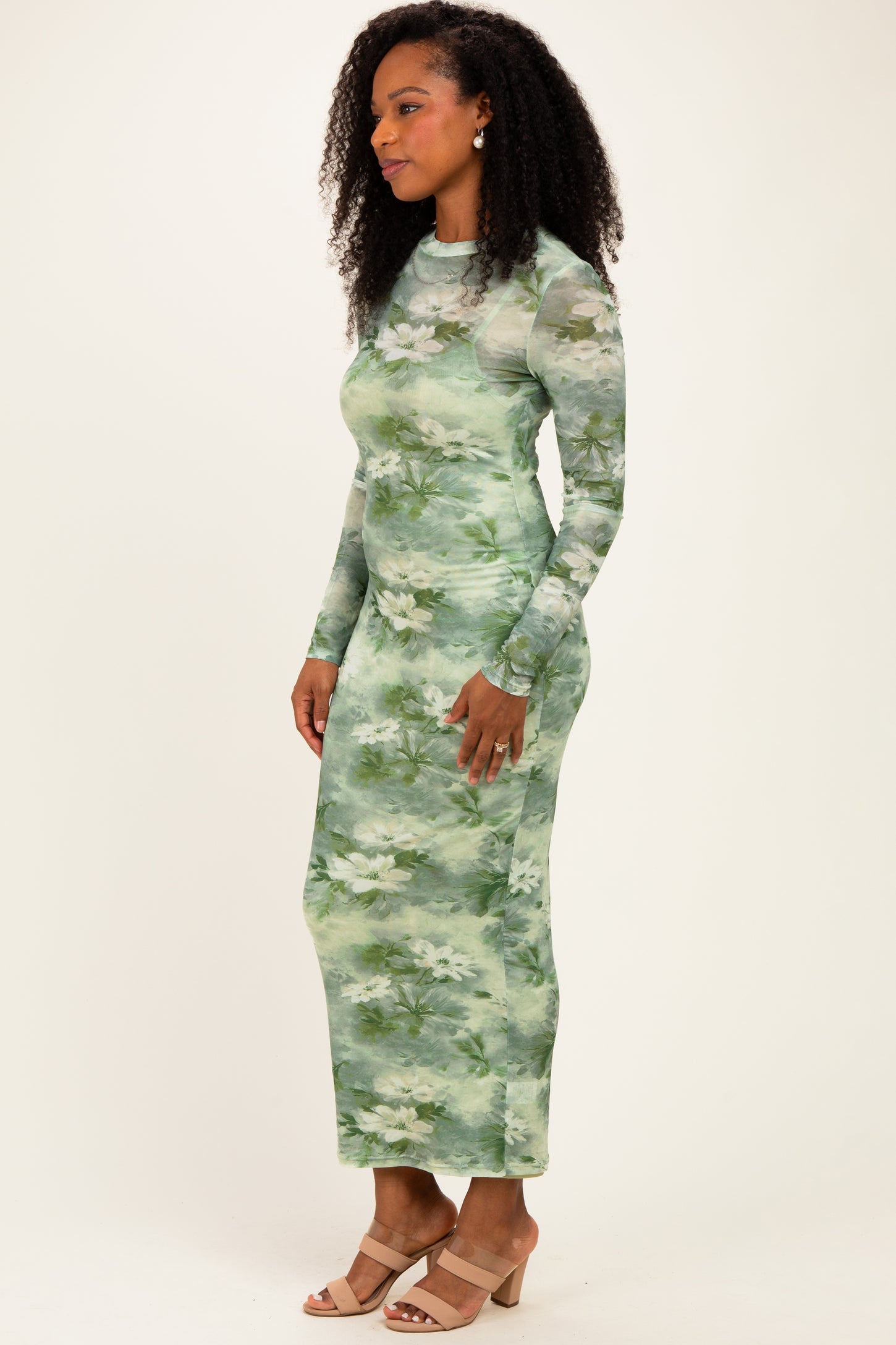Light Olive Floral Mesh Overlay Maxi Dress