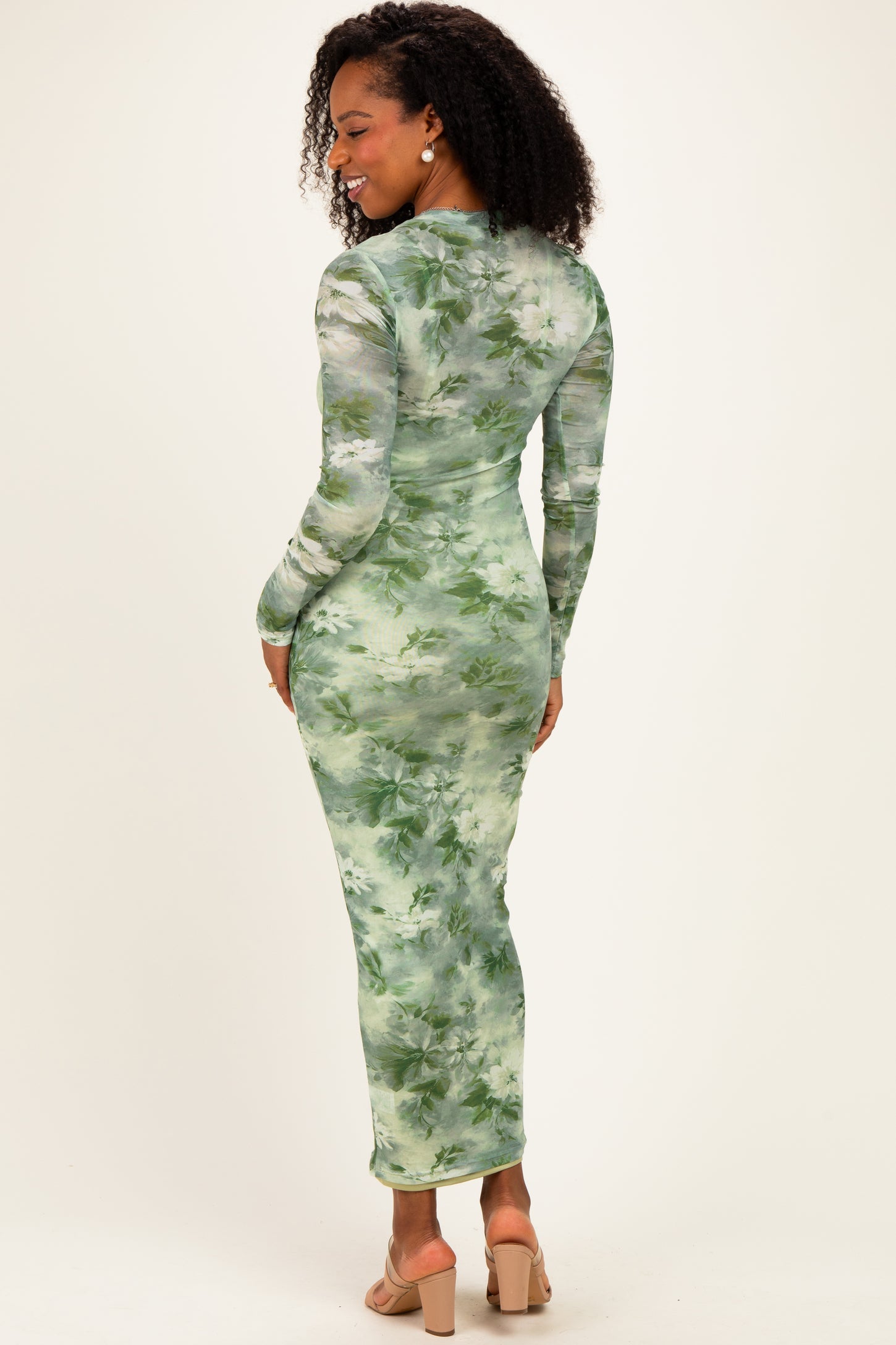 Light Olive Floral Mesh Overlay Maxi Dress