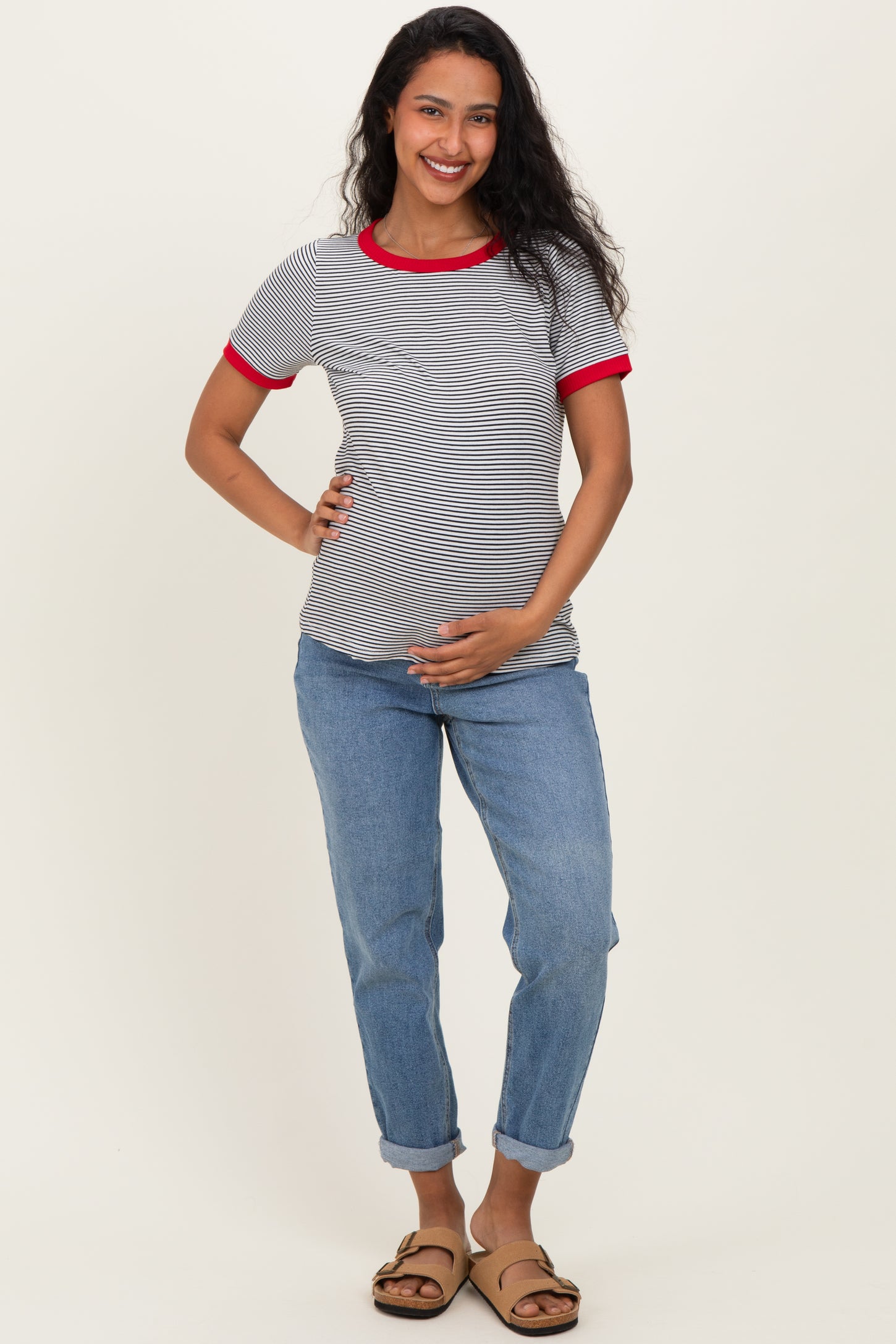 Ivory Red Trimmed Striped Maternity Top
