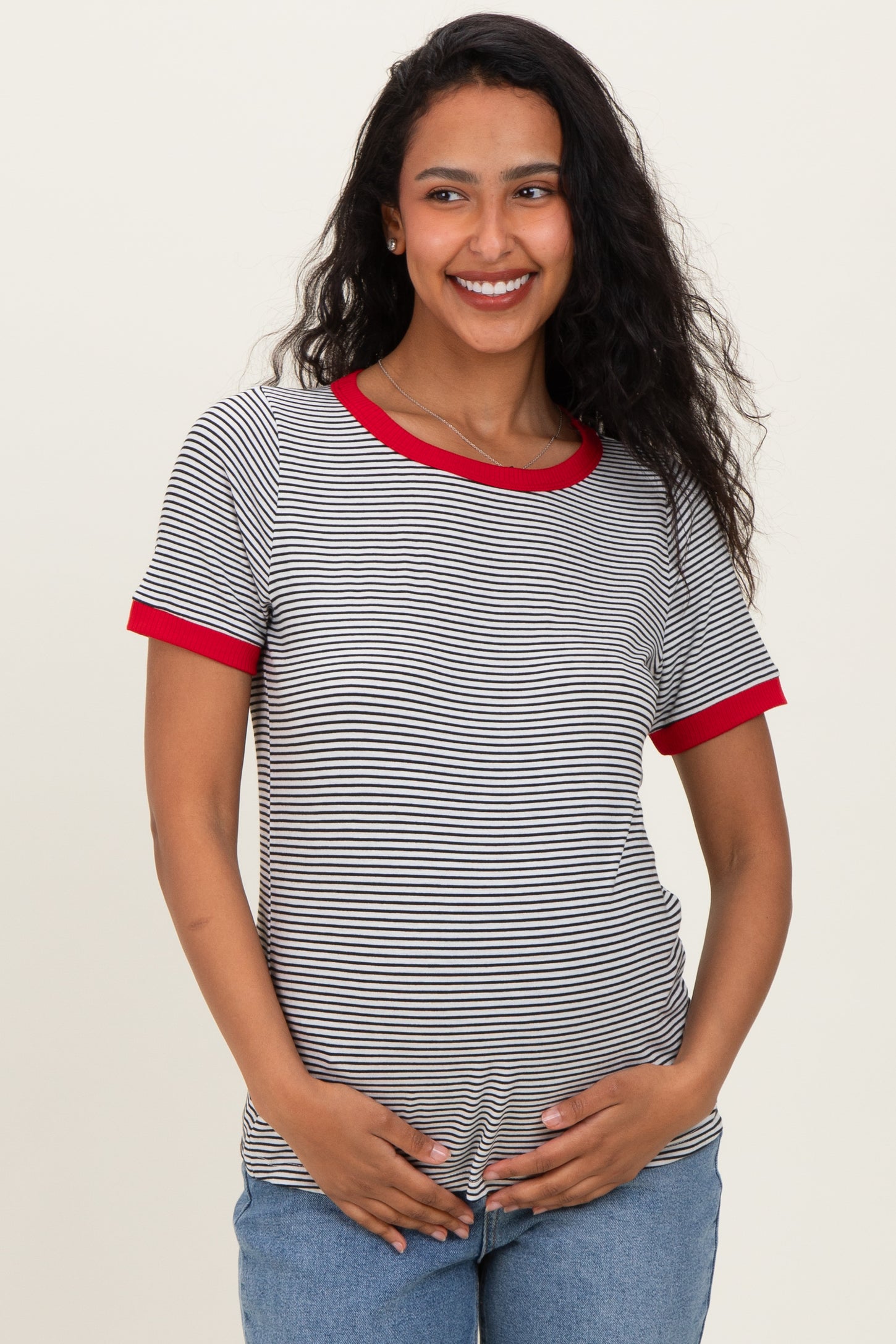 Ivory Red Trimmed Striped Maternity Top